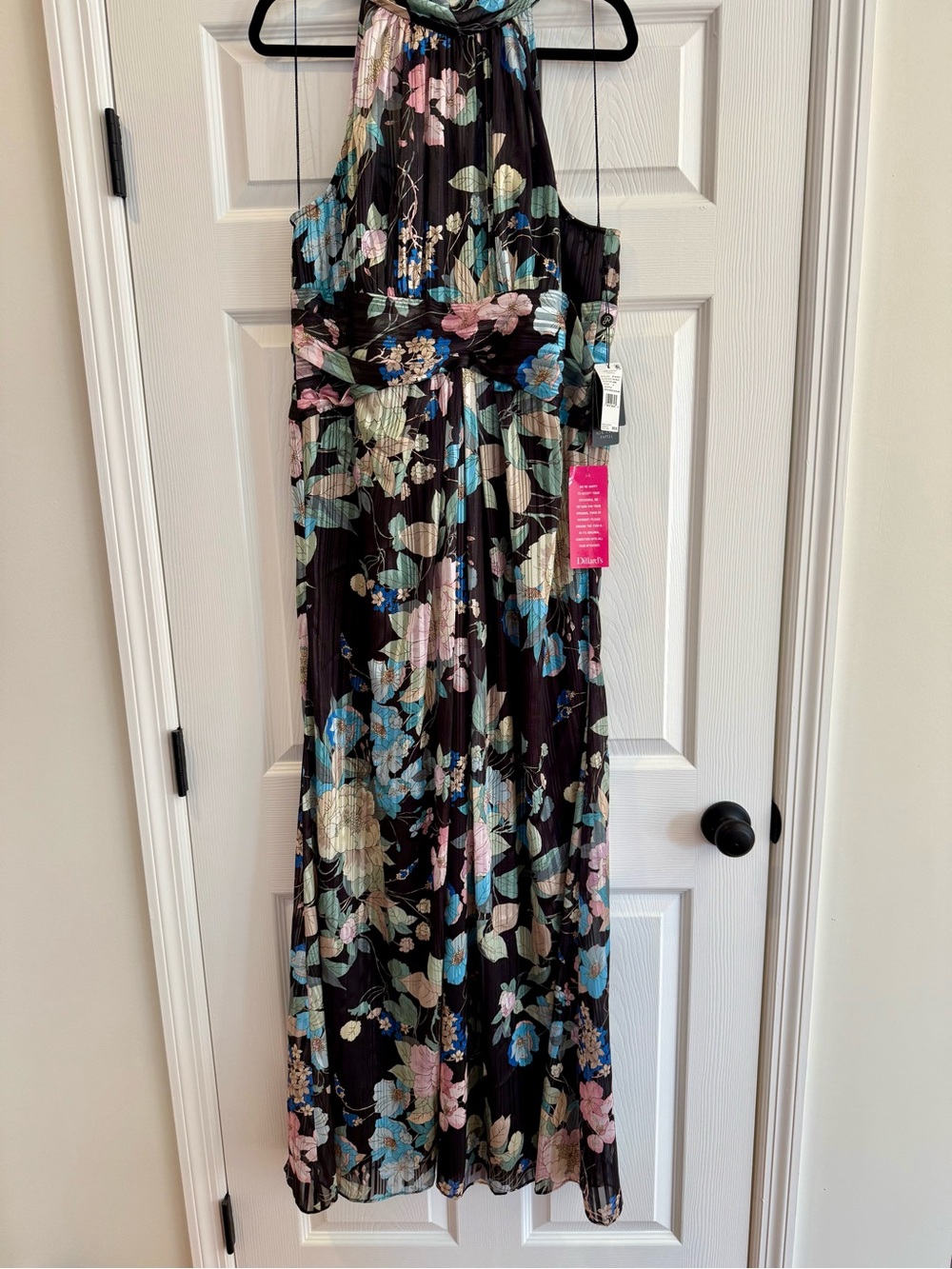 Adrianna Papell Black Halter Floral Maxi Dress with Blue and Pink Accents